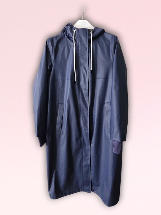 Mernini Jackets & Blazers - Classic Navy Hooded Long Rain Trench Coat by Mernini. Ladies Sz. Medium. 46 in